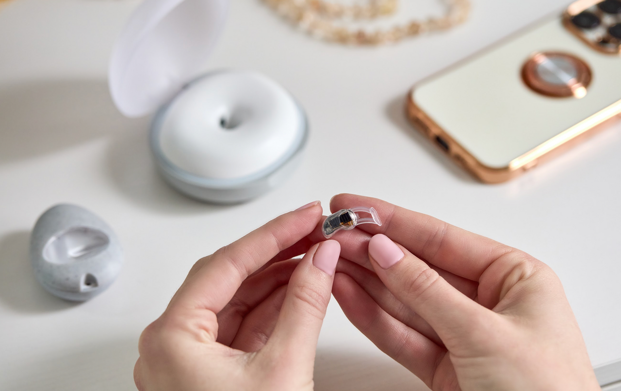 Lumia earpiece held in the hands, with Lumia Light Station, Carry Case and iPhone also visible. Lumia wearable is worn in the left ear and tracks blood flow to the head.